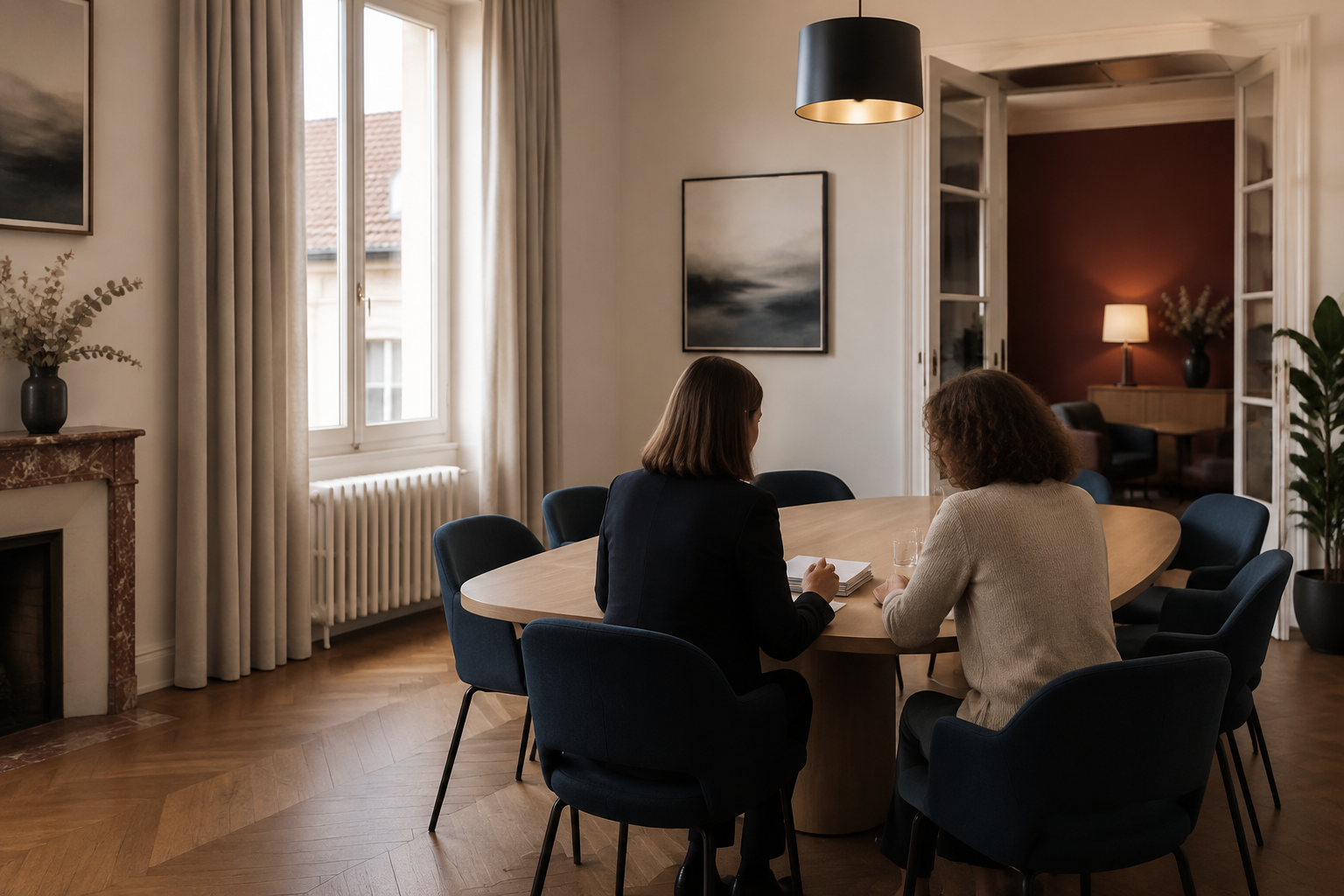 Échange confidentiel dans une salle de réunion accueillante